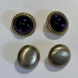 Vintage Gold Tone Clip On Earrings Lot Purple‎ Cabochon Silver Round Retro